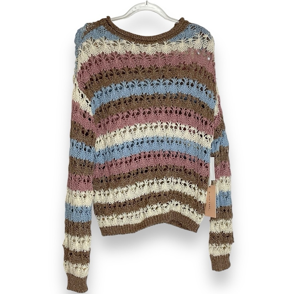 Black Tape Sweater Striped Crochet Knit‎ Pink Blue Brown Lightweight Size XS NWT